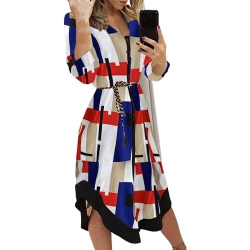 Womens Evening Party Dresses 2021 Summer Midi Dress Long Sleeve V-neck Cloth Summer Turn-down Collar Dress Casual Party Vestido