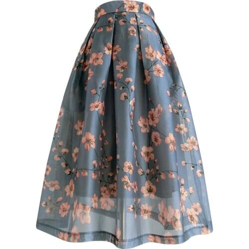 2021 summer vintage floral Organza ball gown skirt women high waist printed knee length skirt plus size
