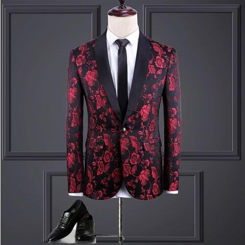 2020 Slim Fit Blazer Male Rose Printing Blazer Jacket Party Club Host Mens Sylish Blazer Oversized Elegent Groom Wedding Blazer