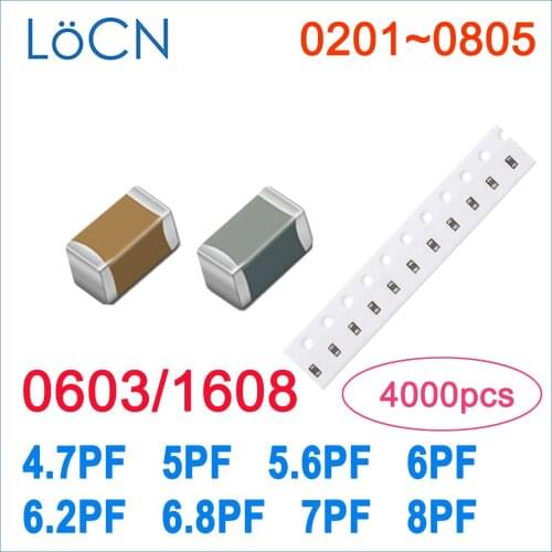 4000PCS 0603 1608 COG/NPO 4.7PF 5PF 5.6PF 6PF 6.2PF 6.8PF 7PF 8PF RoHS 50V 0.5% 5% SMD Capacitor High Quality