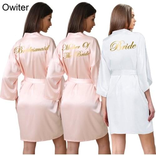 Satin Silk Bride Robe Wedding Party Bridesmaid Robes Bride Robe Dressing Gown Bridal Bathrobe Gold Print Light Pink