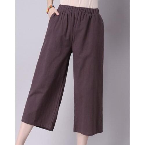 Casual Streetwear Solid Capris For Women Ladies Straight Calf Length Pant Cotton Linen Elastic Waist Trouser Pantalones De Mujer