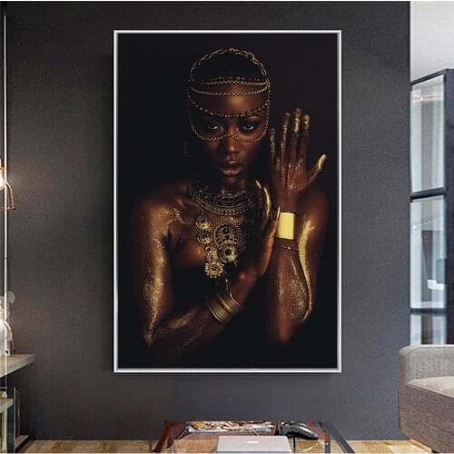 Black and Gold Nude African Woman with Necklace Canvas Painting Posters and Print Scandinavian Wall Art Picture for Living Room