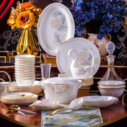 60 Heads Jingdezhen Ceramic Dinner chinese dishes Rice Bowl Soup Bowl Salad Noodles Bowl Plate Tableware Dinnerware Sets