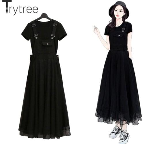 Trytree Summer Women Two Piece Set Casual O-neck Cotton Blended Black Tops + Sling Dress Pocket Mesh A-line Solid 2 Piece Suit