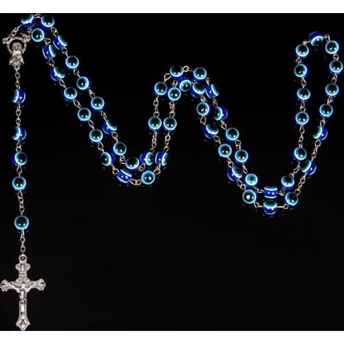 Brown Cats Eye Beads Rosary Necklace Men Women Catholic Christ Jesus Praying Cross Holy Virgin Pendant Jewelry Gift