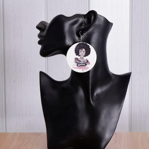 1par Round African Lady Design Pendant Earrings Cute Wood Earrings
