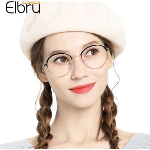 Elbru Vintage Anti Blue Light Round Eyeglasses Women&Men Metal Frame Computer Goggles Eye Protection Eyewear Optical Spectacles