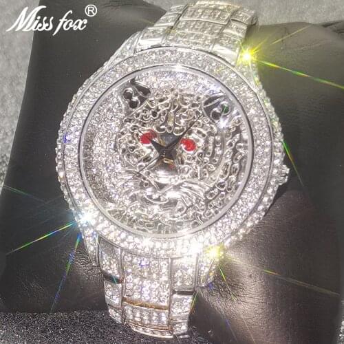 MISSFOX Top Brand Mens Watches Luxury Tiger Hip Hop Style Quartz Wristwatch Iced Out AAA Diamond Bling Waterproof Male Clocks