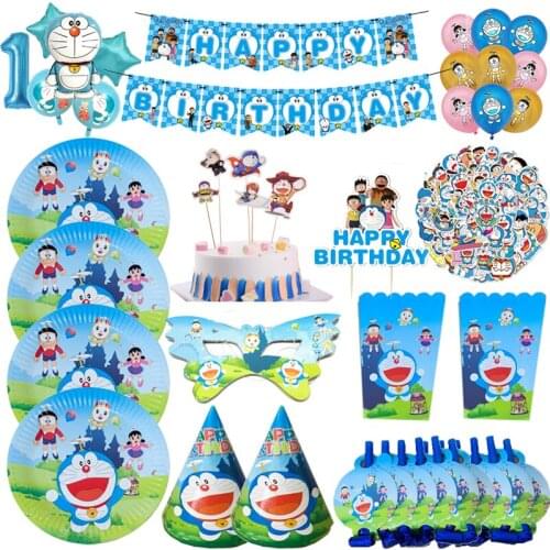 Cartoon Doraemon Theme Party Tableware Set Tableware Paper Cup Plate Hat Cake Flag For Birthday Party Baby Shower Decorate