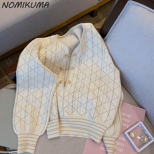 Nomikuma Elegant Plaid Knitted Pullover Tops Causal V-neck Long Sleeve Woman Sweaters Autumn Winter 2021 New Knitwear 6Z717