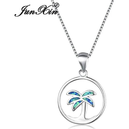 JUNXIN Cute Coconut Tree Pendant Blue Fire Opal Necklaces For Women White Gold Filled Wedding Valentine Birthstone Necklace