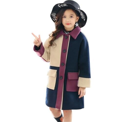 Girls Coat Patchwork Wool Coat For Girl Single-breasted Winter Jacket For Girls Autumn Casual Girls Clothes For 6 8 10 12 14