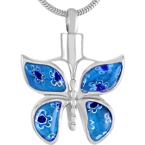MJD9526 Memorial Urn Jewelry Stainless Cremation Necklace for Ashes Waterproof Blue Murno Glass Butterfly