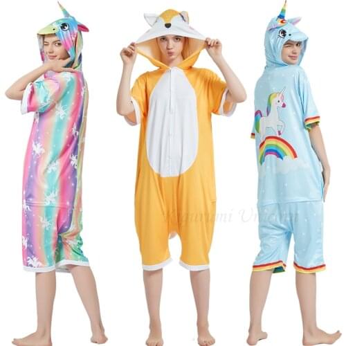 Kigurumi Unicorn Pajama Adult Animal Fox Onesie Boys Girls Women Men Couple 2020 Summer Pajama Suit Sleepwear Cotton Pijama