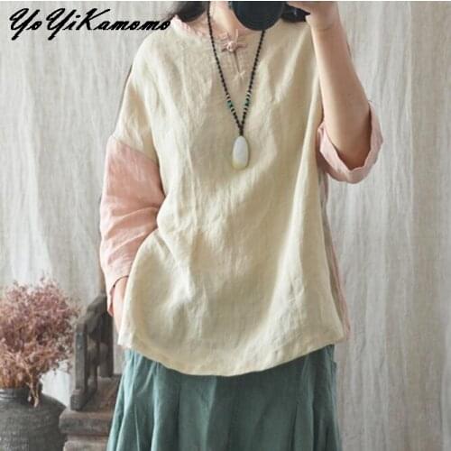 YoYiKamomo Cotton Linen Shirt Women 2018 Summer Spring Thin Tops Hit Color Vintage Solid Color Loose Women Blouses