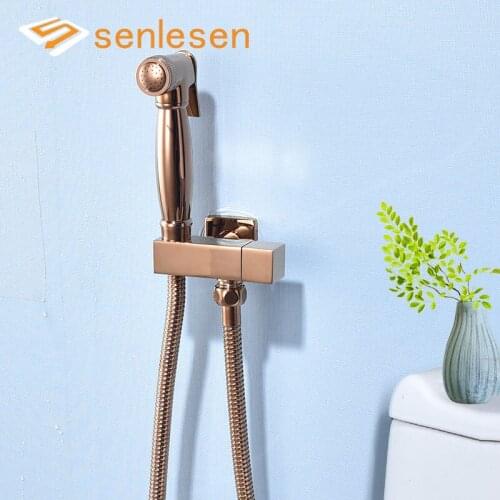 Senlesen Rose Golden Bathroom Bidet Faucet Brass Sprayer Nozzle Hot and Cold Water Mixer Tap Wall Mounted Cleaning Crane