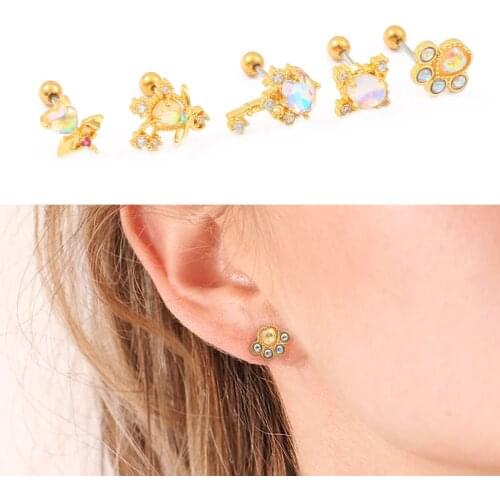 1PC Moonstone Paw Cz Cartilage Stud Helix Rook Conch Screw Back Earring Stainless Steel Ear Piercing Jewelry