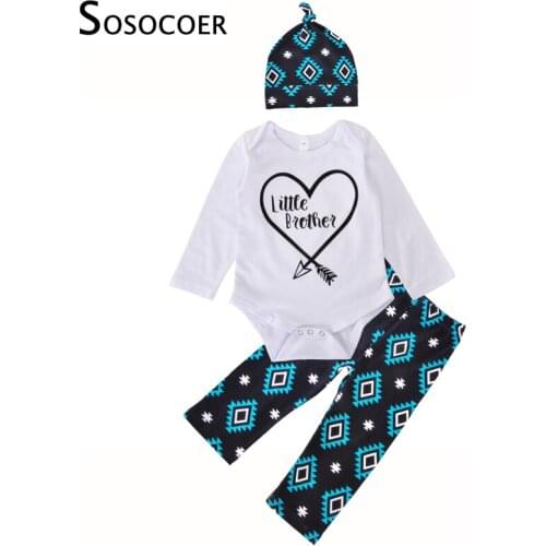 SOSOCOER Baby Girl Clothing Set Autumn Cotton Long Sleeve Letter Heart Arrow Romper+Geometry Pants+Hats Kids Girls Clothes Sets