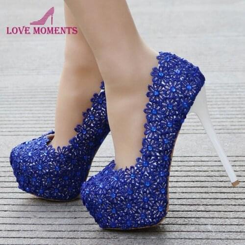 Royal Blue Lace Wedding Shoes 14cm Super High Heels Thin Heel Platform Bridesmaid Shoes Matching Blue Dress Pumps Plus Size 41