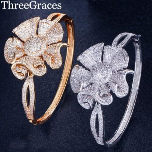 ThreeGraces Shining CZ Crystal Stone Setting Ladies Silver Color Large Flower Shaped Open Cuff Bangles For Dancing Party BA028