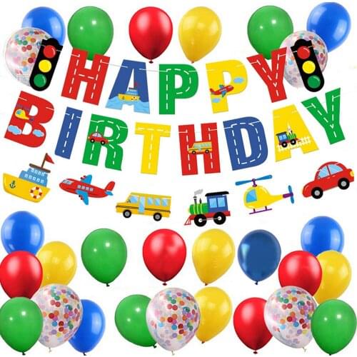 Transportation Theme Birthday Party Kit with Happy Birthday Banner Vehicle Banner Latex Balloons for Kids Party Decorations