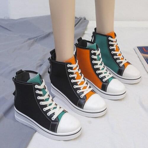 COOTELILI Platform Shoes Woman Pumps Round Toe Canvas Shoe Black Basic 7cm Heel Lace Up Zip Women Shoes Casual Size 35-40