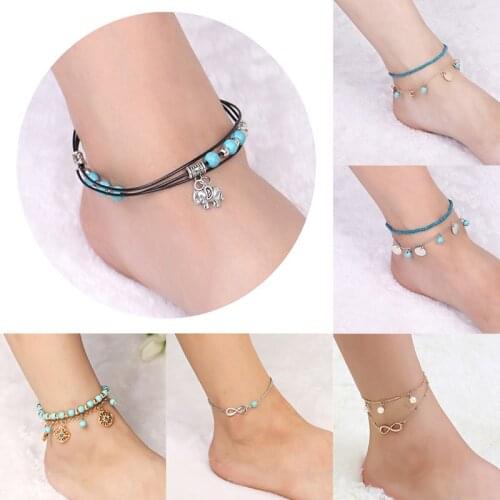 Vintage Multiple Layers Anklets for Women Elephant Sun Pendant Charms Rope Chain Beach Summer Foot Ankle Bracelet Boho Jewelry