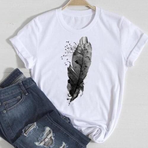 Women Short Sleeve Feather Vintage 90s Cute Fashion Cartoon Summer Female Tshirts Clothes Graphic T Top Lady Print Tee T-Shirt