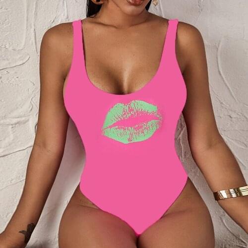 Skinny Women Rompers Lip Print Sexy Sleeveless Tops Overalls Party 2021 Summer Backless Bodysuits Vintage Body Suit Mujer M0605