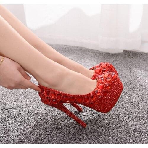 Crystal Queen Women Luxury Rhinestone High Heels Evening Party Glittering Round Toe Custom Red Wedding Shoes Platform Pumps