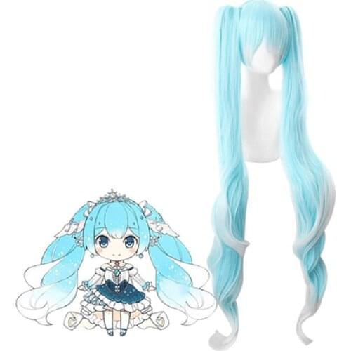 Women Anime 120CM Long Wavy Vocaloid Snow Cosplay Wig Gradient Blue Synthetic Hair With Chip Ponytails