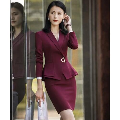 Ladies Office Uniform Designs Business Suits With Skirt and Tops Autumn Winter Fashion Wine Formal Work Wear Sets Blazer