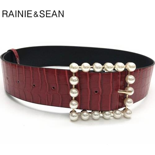RAINIE SEAN Patent Leather Women Belt Pearl Buckle Red Ladies Waist Belt Fashion Autumn Winter Womens Leather Belts