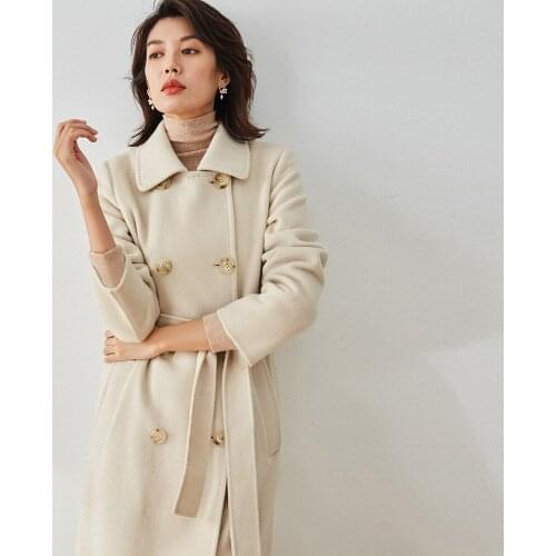 High Quality new winter temperament commuter close collar belt double breasted long double sided wool coat female