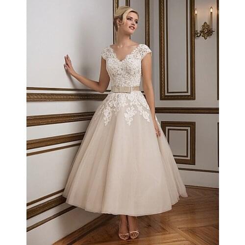 Vintage Inspired Lace Short Custom Made Ankle Length V-neck Cap Sleeve Garden Bridal gown 2018 mother of the bride dresses