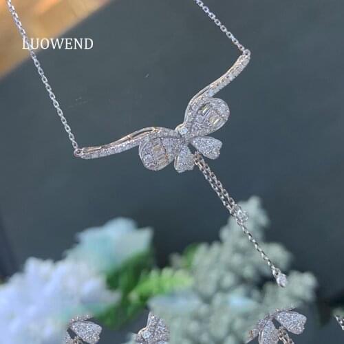 LUOWEND 18K Solid White Gold Pendant Necklace Real Natural Diamond Women Animal Butterfly Shape Engagement Luxury Necklace