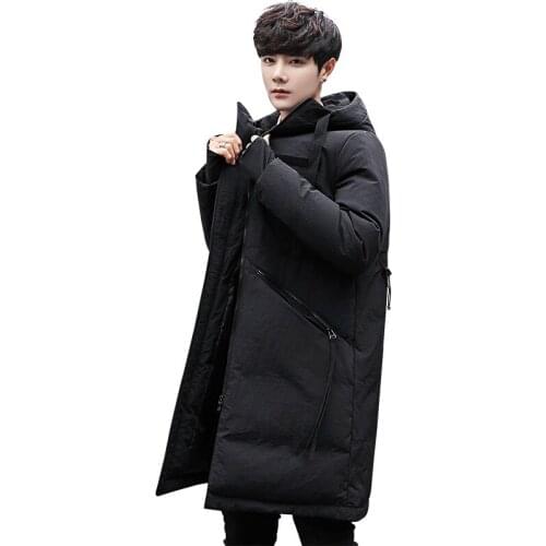 Winter New Style Mens down Jacket Mid-length Korean-style Casual White Duck down Thick Warm Hooded Cotton-padded Clothes
