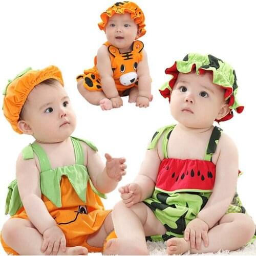 Print Baby Romper Set Hat 2PCS Boy Clothes Set Summer Toddler Newborn Photography Outfits Pumpkin Girls Sleeveless Jumpsuit Tops