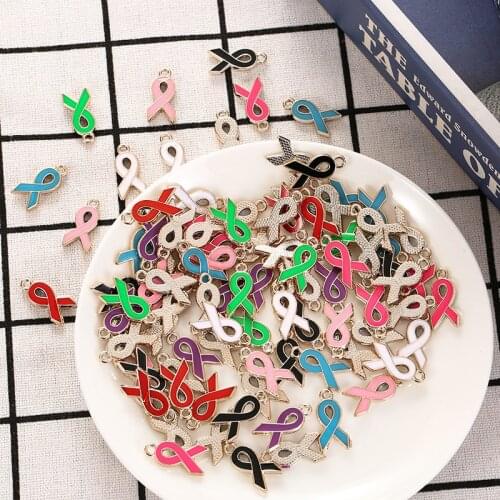 30 WHOLESALE Mixes Ribbon Charms Breast Cancer Awareness Enamel Pendants for Survivor Jewelry Keychain Finding Cancer Charms FS3