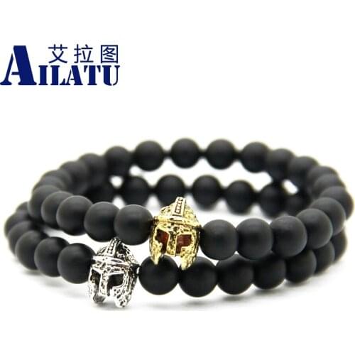 Ailatu Wholesale Roman Warrior Helmet Bracelet Made With 8mm Matte Onyx Stone Beads Mens Fashion Spartan Jewelry