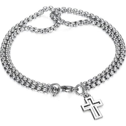 Classic Creative Mens Double Chain Cross Rollo Chain Charm Bracelet Cross Pendant Lobster Claw Clasp Chain Bracelet