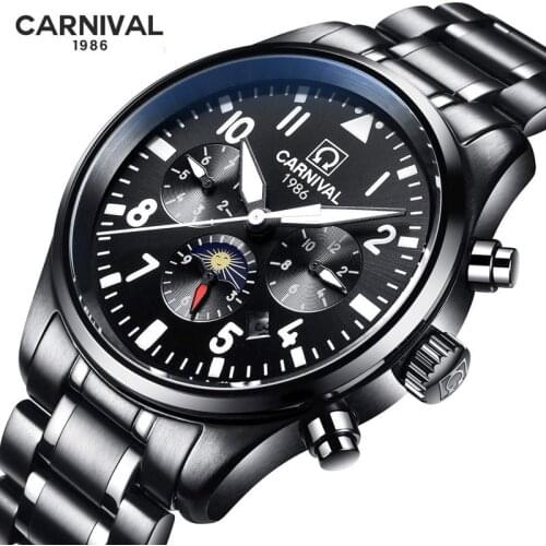 Luxury CARNIVAL Black Steel Luminous Moon Phase Man Automatic Mechanical Watch Men Watches mekanik kol saati relogio