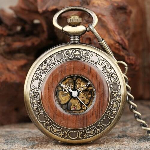 Exquisite Red Wood Decor Cover Mechanical Hand Winding Pocket Watch Men Bronze Chain Pendant Clock Roman Numerals Pocket Clock