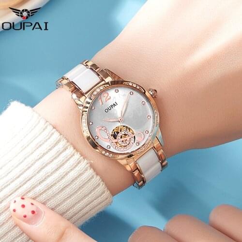 OUPAI 2019 New Fashion Hollow Out Automatic Ceramic Watch Women Ross Golden Luxury Diamond Watch Lady Waterresistance Watch