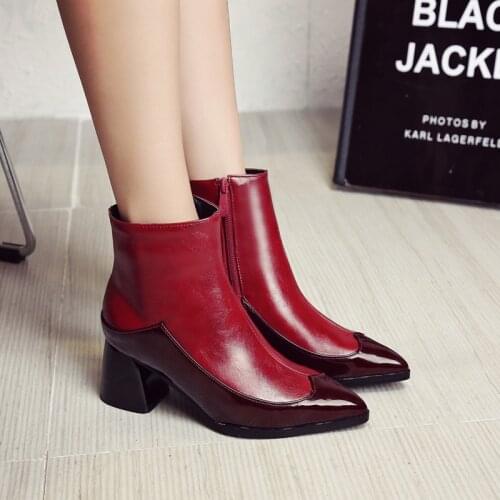 Black and white pointy, thick heel short boots, womens patent leather, Martin boots, spring and autumn boots, extra large