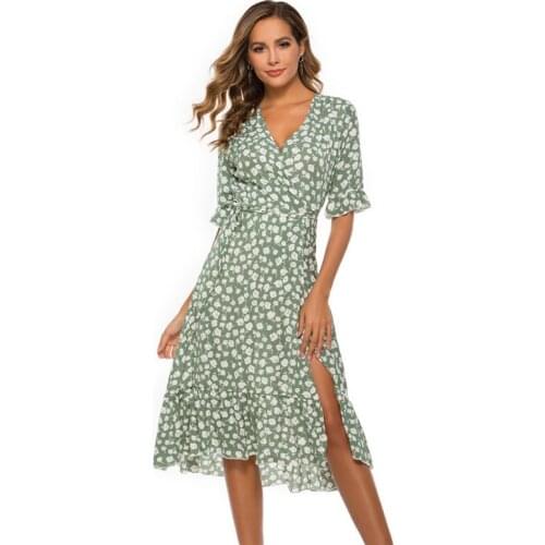 Elegant Women Bohemian Beach Dresses Casual Floral Print Ruffles Chiffon A-line Dress 2021 Summer Sexy Side Split Dress Vestidos