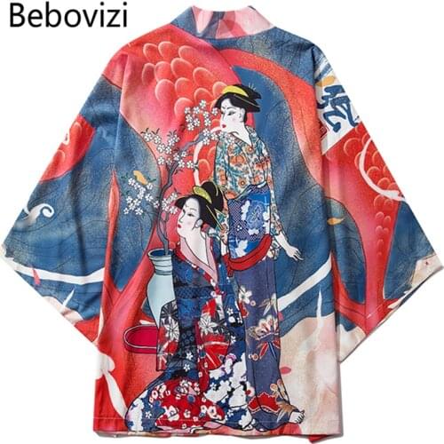 Bebovizi Japan Style Ukiyo-e Print Men Streetwear Kimono Cardigan Robe Women Haori Obi Japanese Tradition Kimonos Clothes