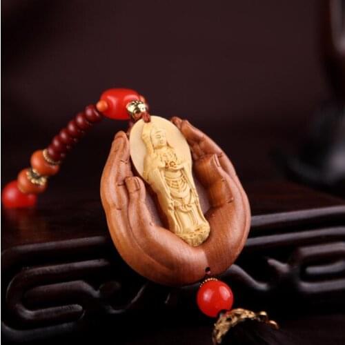 Chinese Boxwood Carved Double Colors Tassel Guan Yin Kwan-yin Bodhisattva Standing On Buddha Hand Exquisite Car Pendant Statue