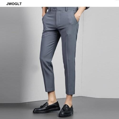 Korean Fashion Summer Ankle Length Mens Suit Pants Casual Male Slim Fit Wrinkle Classic Black Trousers Male Bottoms